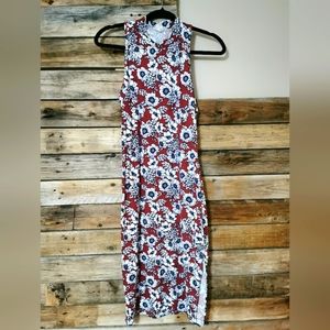 Caution to the Wind Small Mockneck Sleeveless Floral Midi Dress with Side Slit